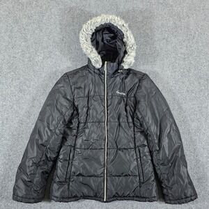 Y2K Southpole Zip Up‎ Puffer Jacket Faux Fur Hood Black Women's Size XL 2000s